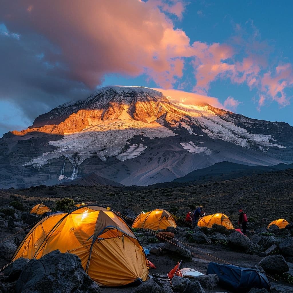 Yellow tents at a high camp on Kilimanjaro with the summit lit by sunrise