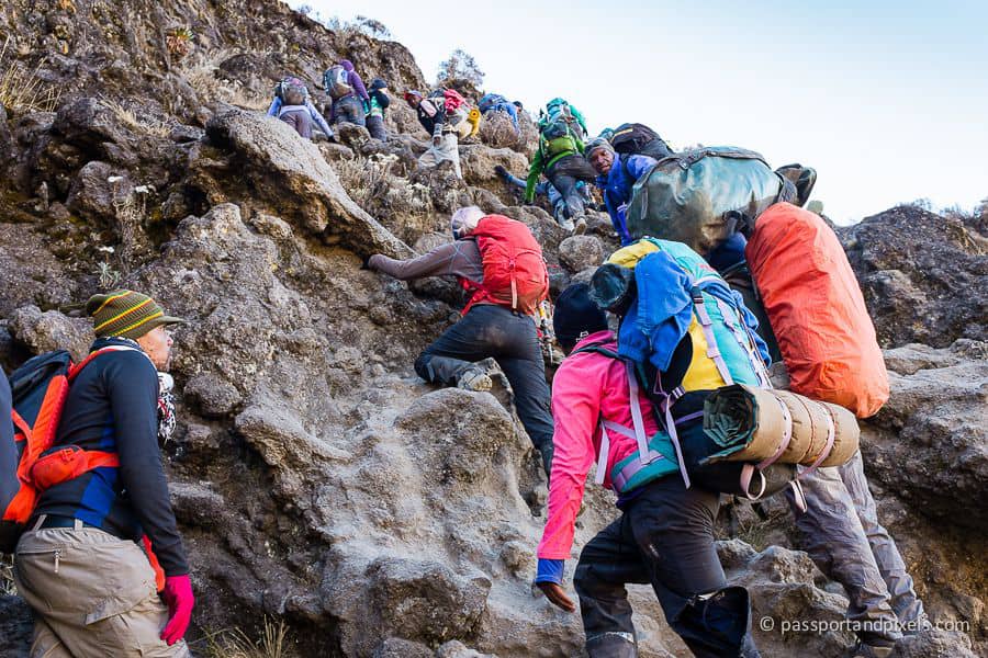 Porters climbing a steep rocky trail together on Kilimanjaro