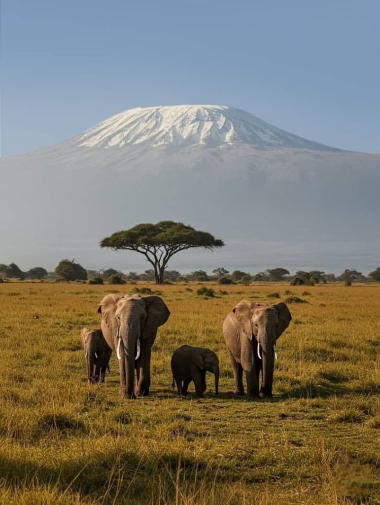 Elephants on the savanna with Mount Kilimanjaro and an acacia tree behind
